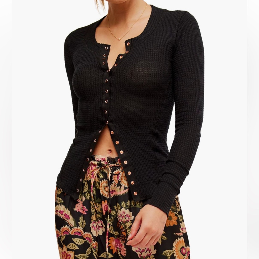 Free People Black Long Sleeve Button Henley Top